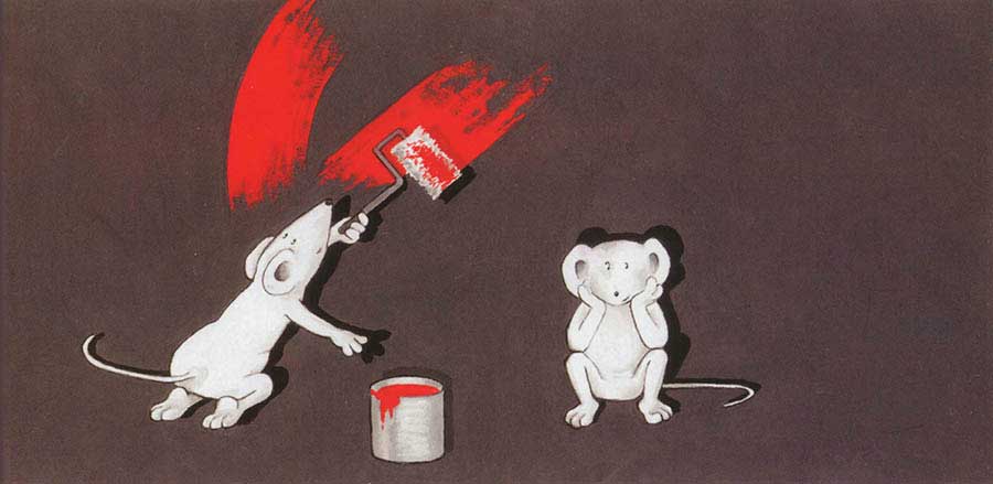 Two little mice were in a sad and gray square: one is bored. 
The other one takes a paintbrush and starts painting a red circle.
